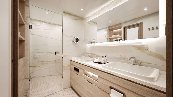 Redesigned marble and wood bathroom on Crystal Serenity and Symphony