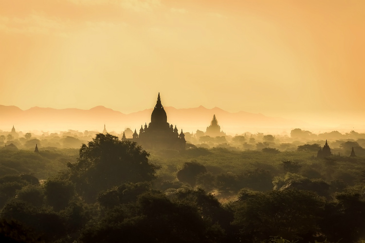 Hazy temples rising above the trees in Rangoon in Myanmar