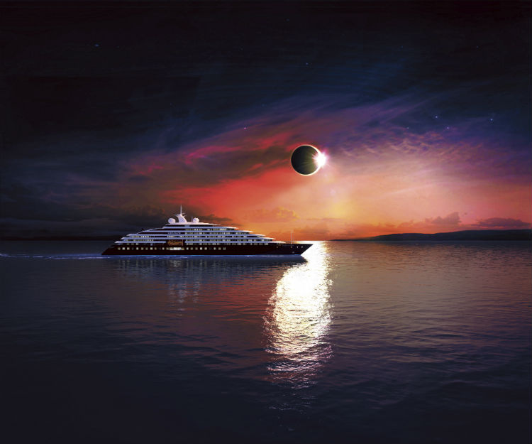 Scenic Eclipse sailing against a beautiful sunset