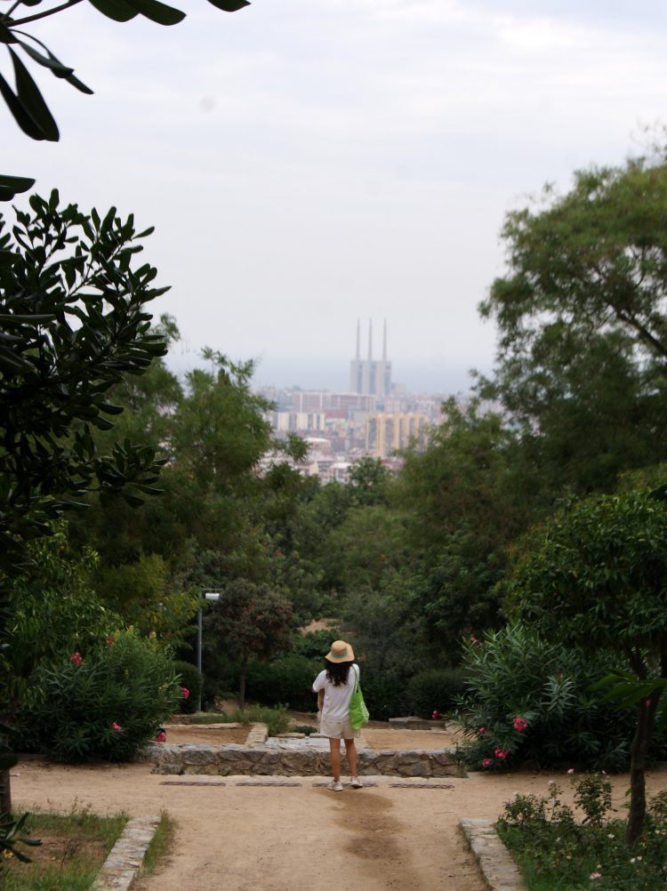 Woman admiring the view between the trees in Parc del Guinardo in Barcelona