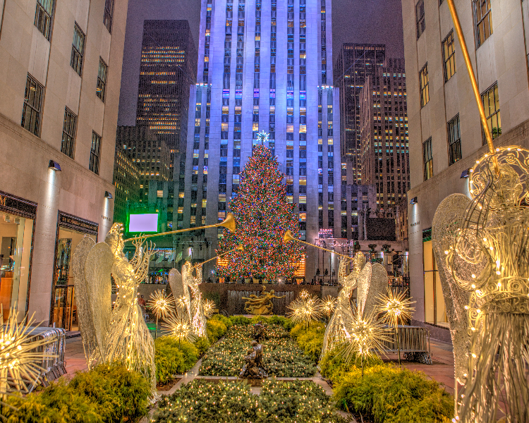 A Christmas tree and Christmas lights in New York