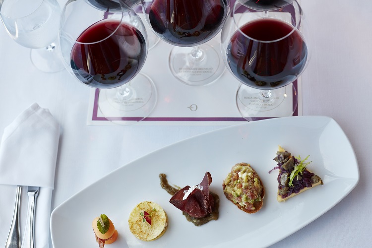 Wine tasting and canapes on a table on an Oceania Cruises ship