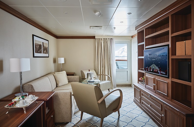 The living area in a Grand Suite on-board the expedition cruise ship, Silver Explorer