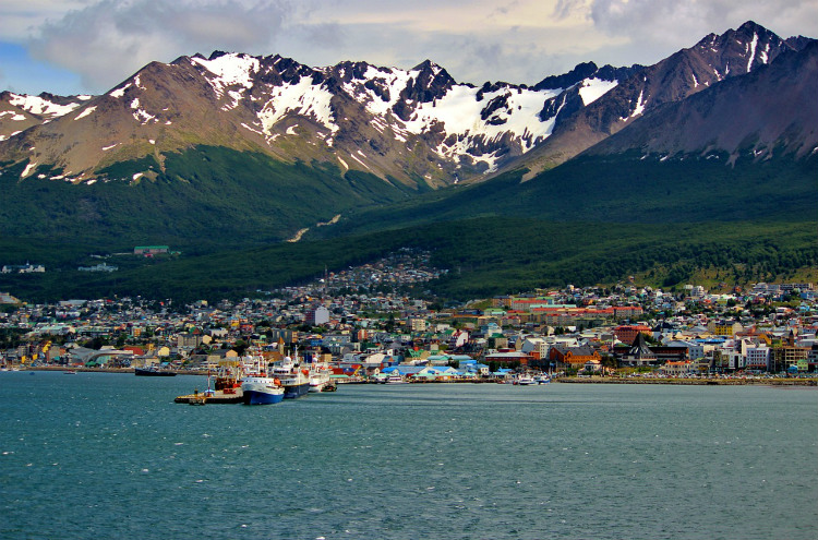 Colourful buildings in tiny Ushuaia cruise port in Argentina