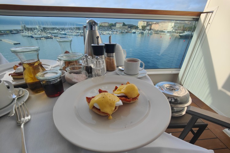 Eggs benedict for breakfast on our balcony